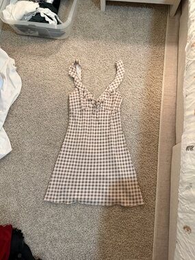 Realisation ParGingham Tie-Front Ruffle Strap Mini Dress - Beige & White